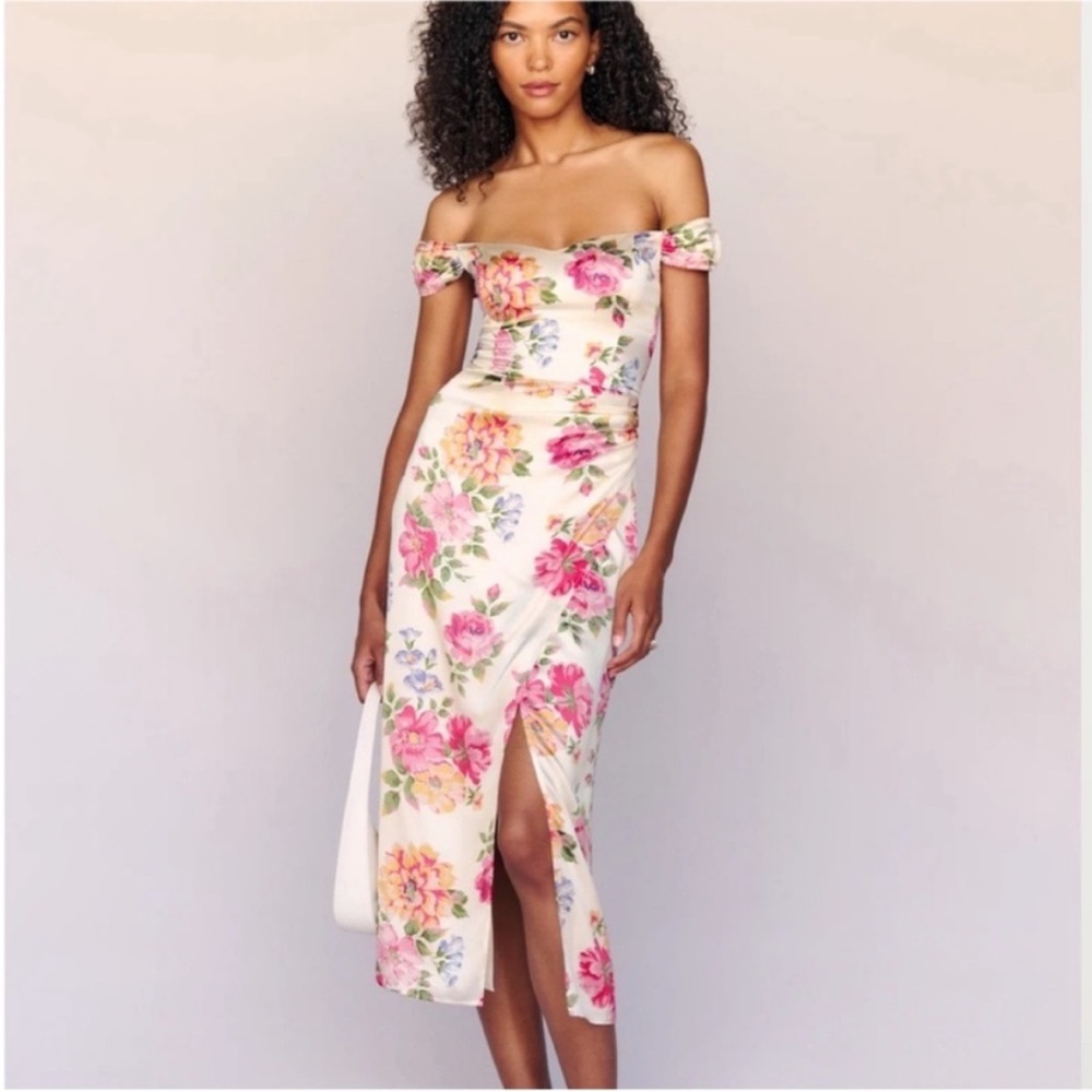 Reformation Silk Floral Off Shoulder Dress Nwt